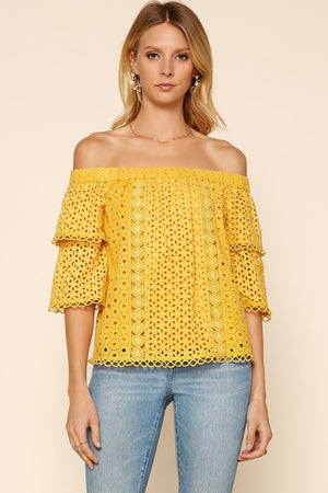 Skies are Blue  - Off Shoulder Eyelet Top