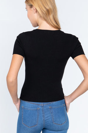 rib knit short sleeve top with notched detail
