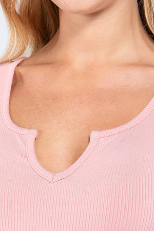 rib knit short sleeve top has a notched detail