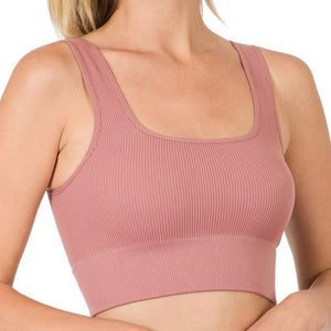 Zenana Ribbed straight Neck Crop Tank Light Rose