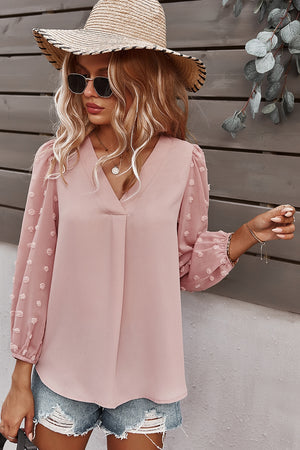 Swiss Dot V-neck Blouse - Blush