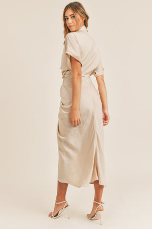SS BUTTON DOWN SATIN DRESS WITH FRONT TIE