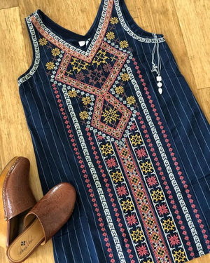 THML Boho Beauty Sleeveless Stripe Embroidered Shift Dress