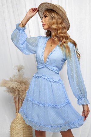 Swiss Dot Ruffle Open Back Romantic Dress