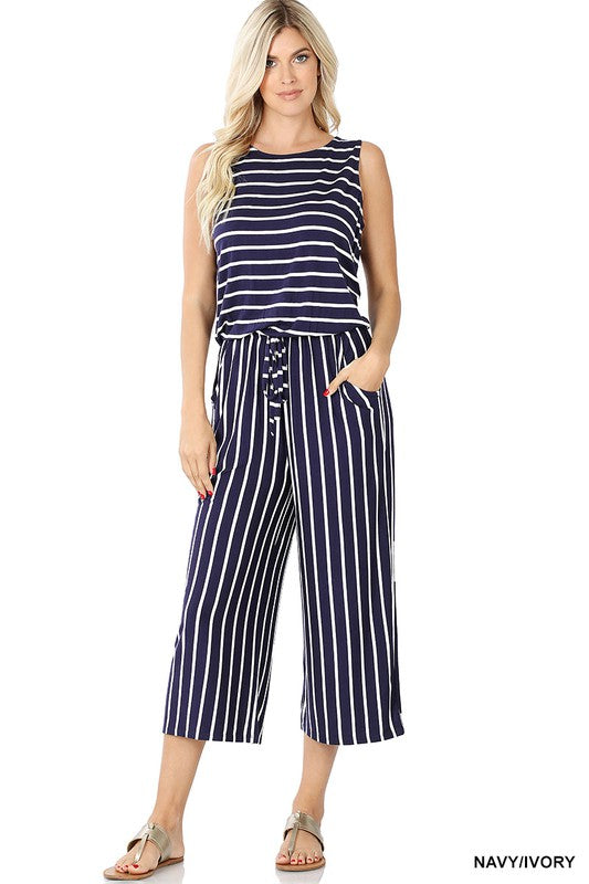 Zenana - flowy sleeveless jumpsuit - Striped Navy 