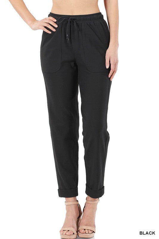 Zenana - Cotton drawstring waist rolled hem jogger pant - black