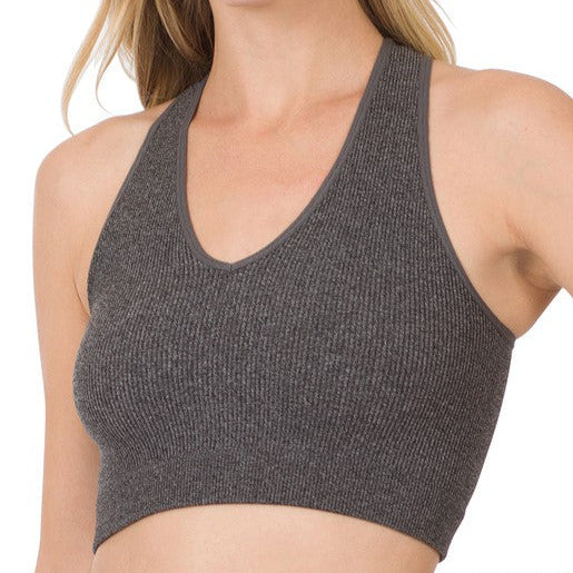 Zenana - Ribbed Cropped Racerback Bralette Charcoal