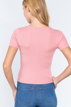 rib knit short sleeve top with notched detail