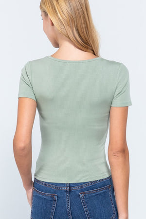 rib knit short sleeve top has a notched detail