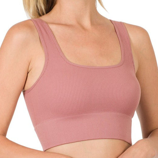 Zenana Ribbed straight Neck Crop Tank Light Rose