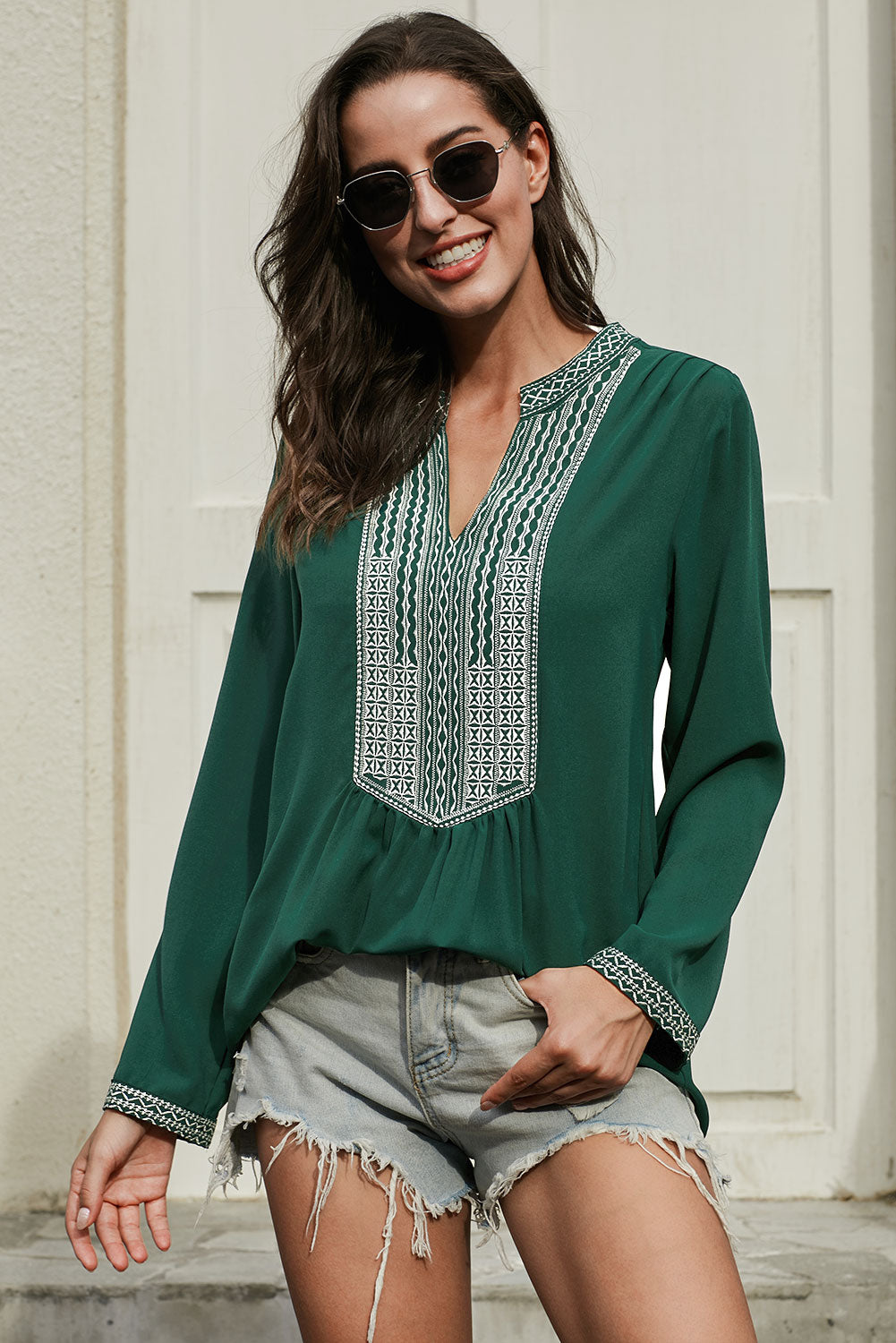 Front Embroidered Long Sleeve Tunic StyleBlouse