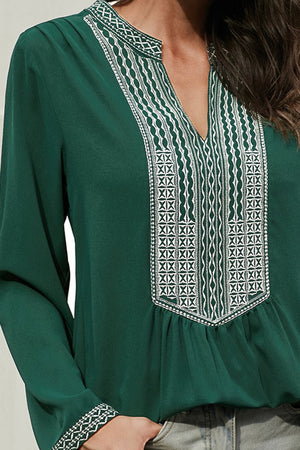 Front Embroidered Long Sleeve Tunic StyleBlouse
