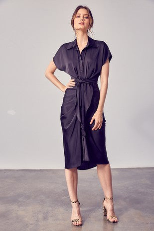 SS BUTTON DOWN SATIN DRESS WITH FRONT TIE