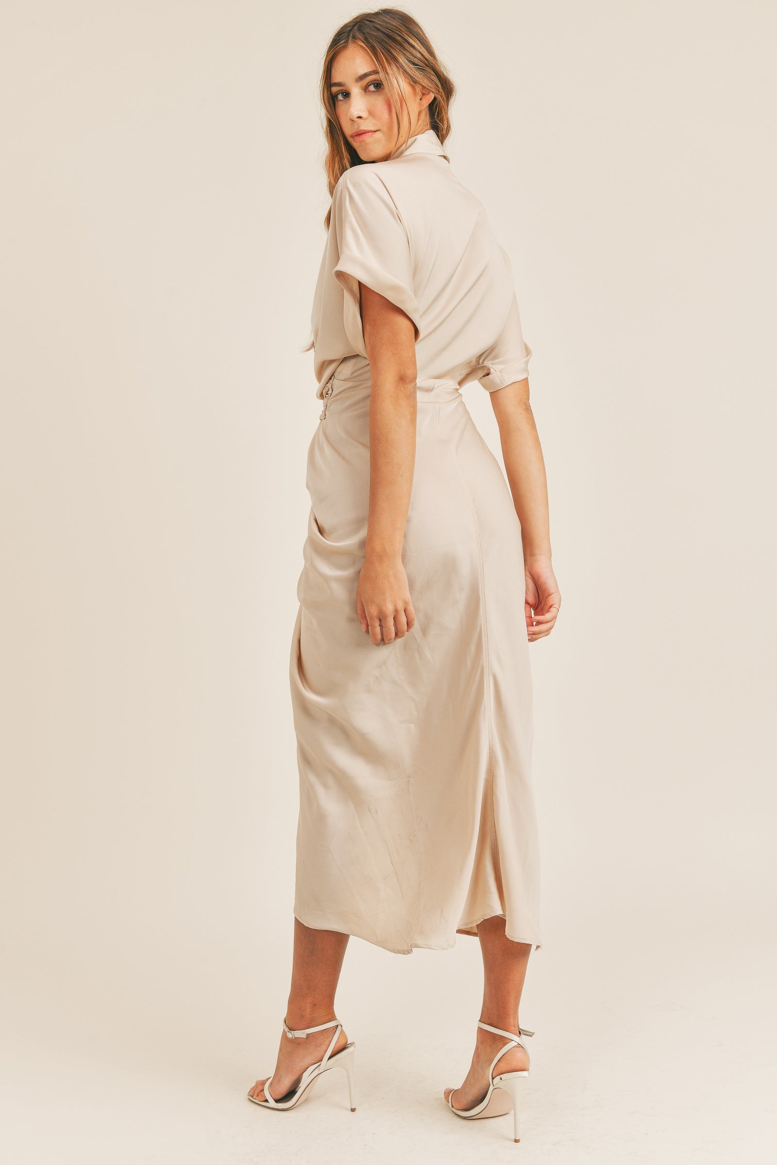 SS BUTTON DOWN SATIN DRESS WITH FRONT TIE