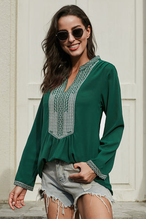 Front Embroidered Long Sleeve Tunic Style Blouse